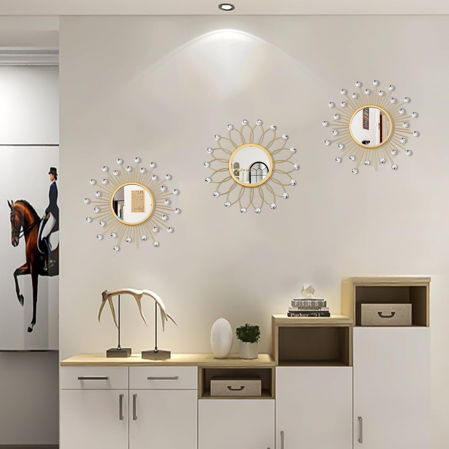 3 Pack Metal Mirrors for Wall Sunburst Wall Mirrors Home Décor Decorative Hanging Wall Art for Living Room Bedroom Entryway (Gold Crystal, Flower+Sunburst)