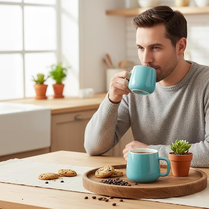 Teocera Coffee Mugs Set of 6-12oz Chip-Resistant Ceramic Cups with Ergonomic Handle | Dishwasher & Microwave Safe Turquoise Mugs | Keeps Beverage Hot, Perfect for Family Kitchen & Holiday Gifts
