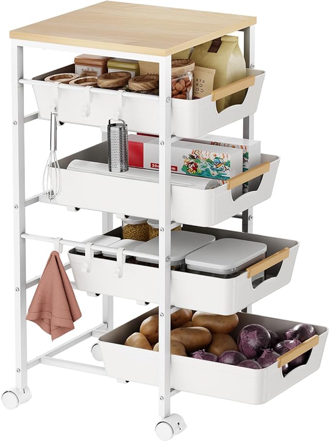 5-Tier Kitchen Storage Cart, Wood Top Rolling Cart Organizer with Pull-Out Baskets & Wheels, Metal Snack Cart with Holder for Fruit, Vegetable, Microwave, Kitchen, Pantry, White