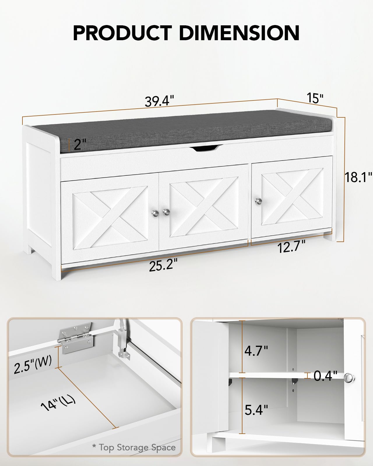 Amada Farmhouse Shoe Storage Bench with Cushion, 3 Doors & Lift-Top Storage, Adjustable Shelves, 300 lbs Capacity Entryway Bench for Bedroom, Living Room, Classic White
