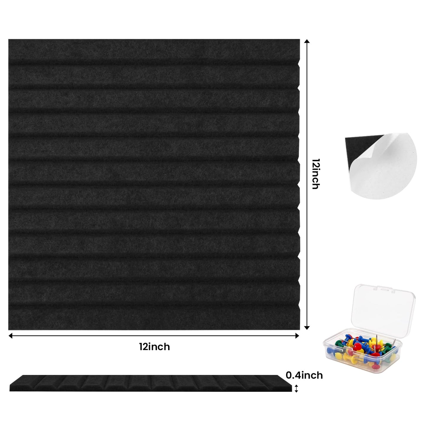 12-PCS Felt Bulletin Board 11.8" x 11.8", Self-Adhesive Sound-Absorbing Wall Panels, Suitable for Office, Classroom, and Home Decoration, Can Be Used to Stick Notes, Photos, and Memos(Black)