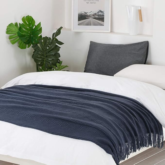 BOURINA Navy Throw Blanket 60x80 Inches Throw Textured Solid Soft Sofa Throw Couch Knitted Decorative Blanket