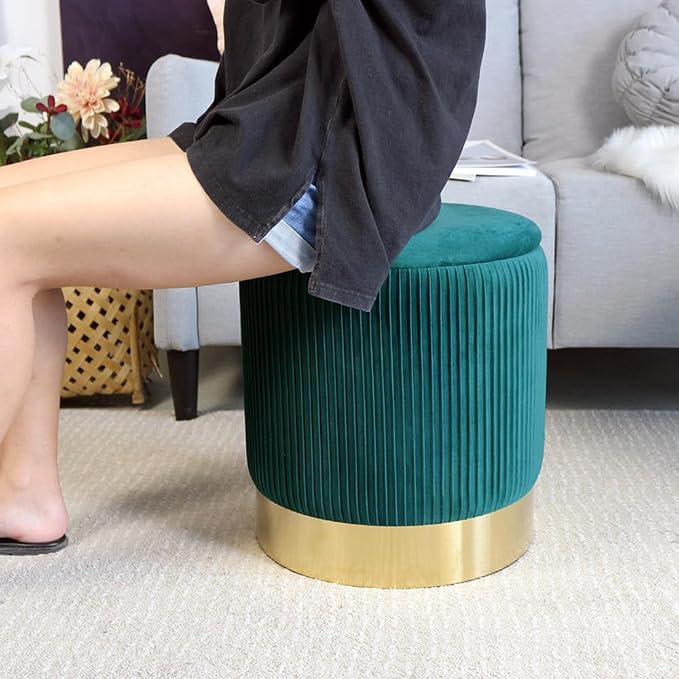 YYW HOME Green Velvet Round Storage Ottoman Set of 2 - Small Ottoman Coffee Table, Foot Stool, Removable Lid, for Living Room, Bedroom, Hallway, Assembly Free