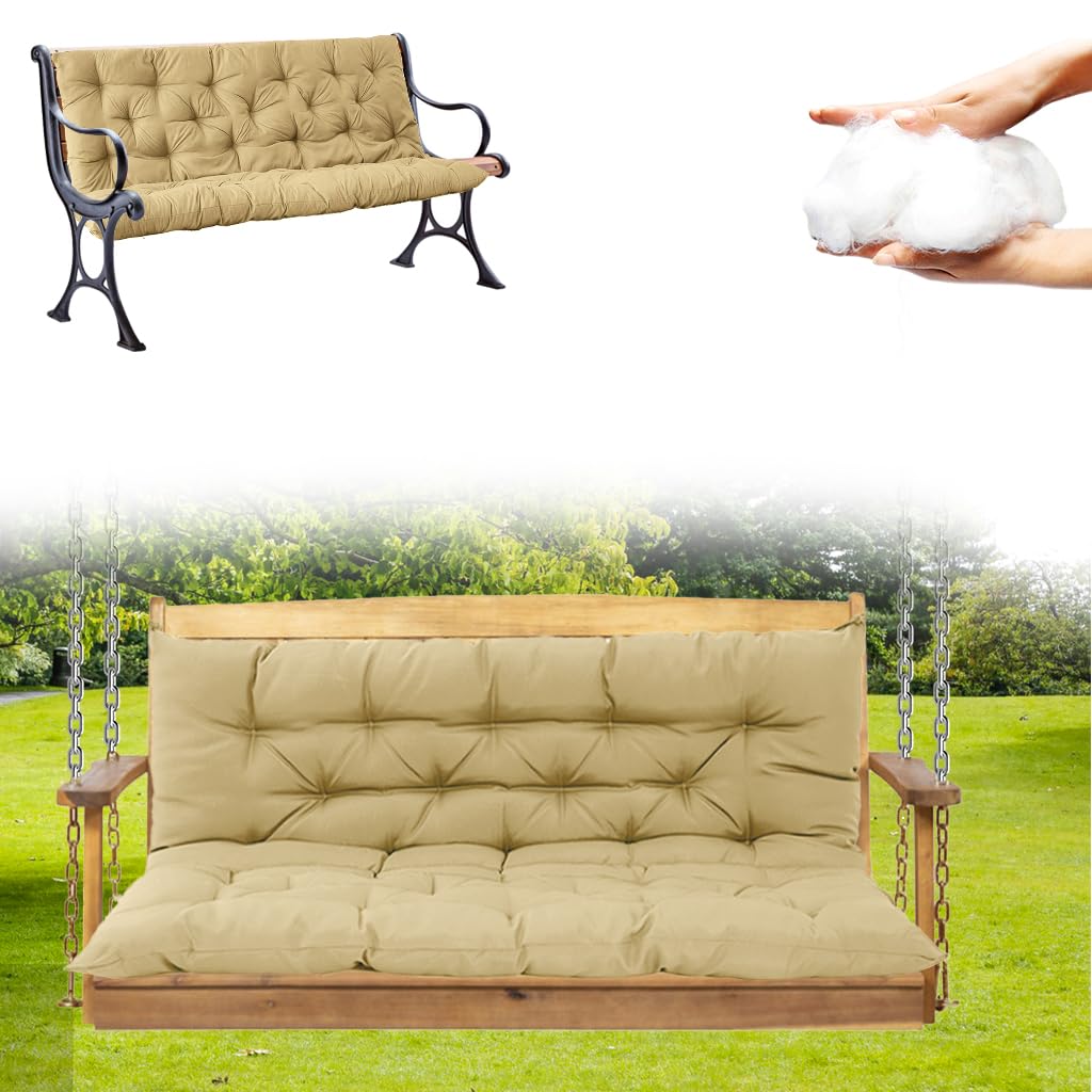VKETU Porch Swing Cushions, Three Seat Swing Replacement Cushions Outdoor Bench Cushion with Ties Backrest Folding Waterproof Bench Cushion for Outdoor Patio Cushion (Beige, 60 x 40 in)