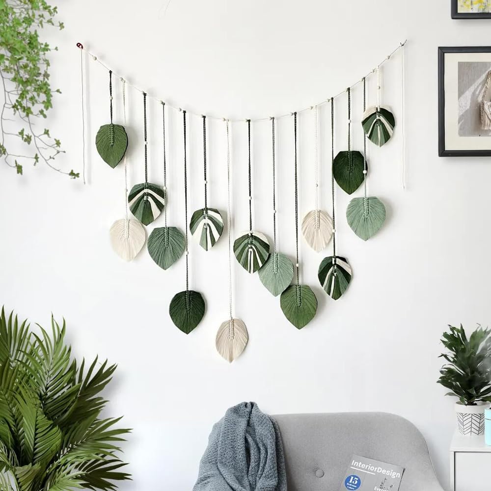 M MANUAL Macrame Leaves Wall Hanging 47.3x29.5Inch Large Chic Feather Boho Macrame Wall Decor Leaf Hanging Photo Display Handmade Woven Wall Art 16pcs Leaf Tapestry - Green