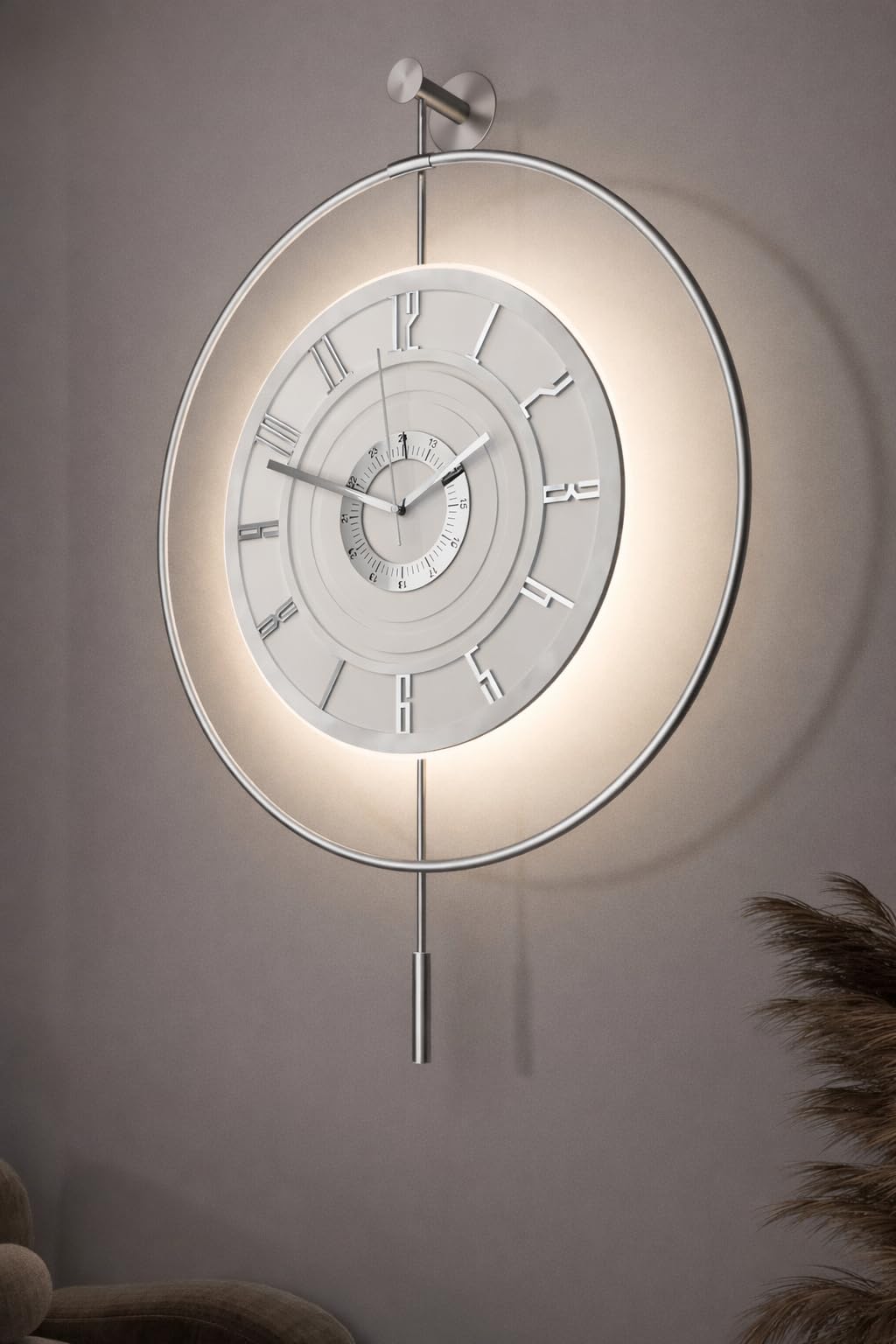 FUNTLY Large Luxury LED Backlit Wall Clock – Pendulum Roman Numeral Metal Ring, Silent Non-Ticking Decorative Clock for Living Room Bedroom Entryway, Modern Halo Glow (Crystal Silver)