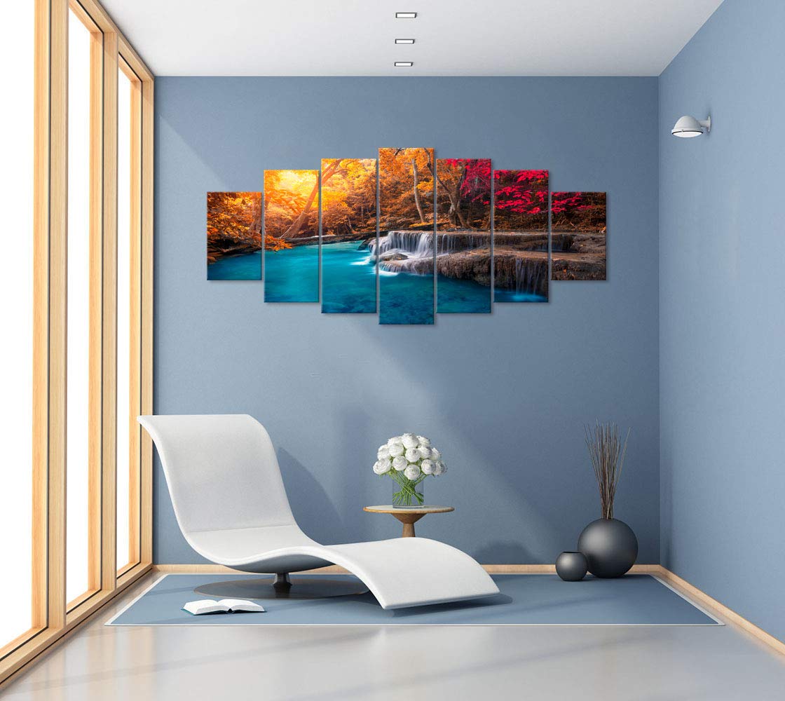 Visual Art Decor Xlarge 7 Pieces Blue Lake Waterfall in Red Fall Forest Canvas Wall Art Nature Landscape Wall Decor, Framed Ready to Hang for Modern Living Room Bedroom Office Decoration