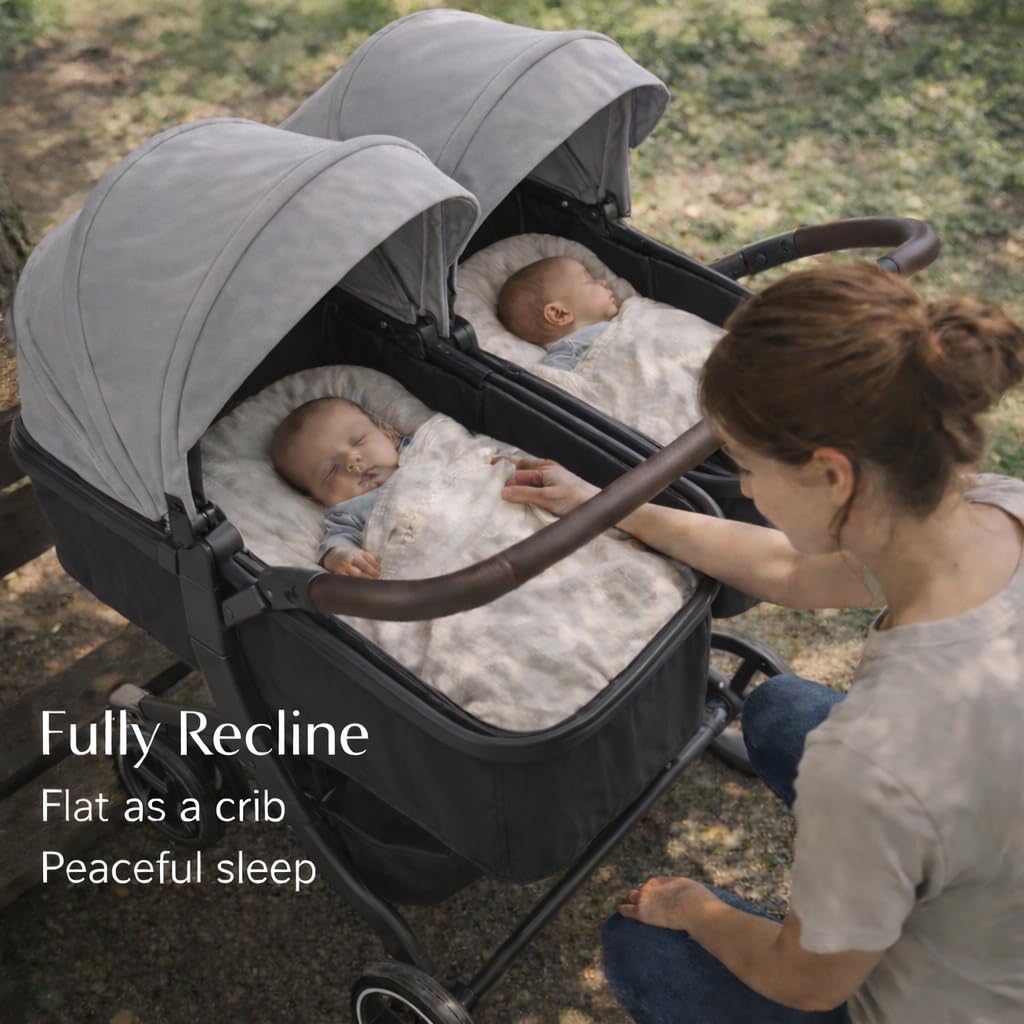 TALENBEEN Double Stroller for Infant and Toddler, Lightweight Side by Side Twin Baby Stroller, 26.8" Slim Design Fits Doors, Compact Foldable Travel Stroller, Independent Recline, Gray