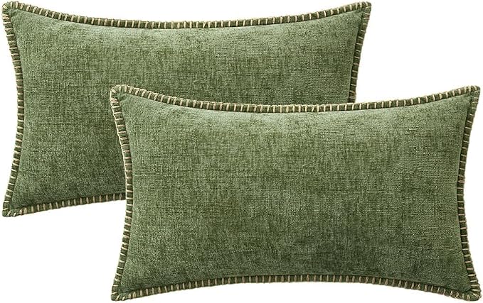 MIULEE Pack of 2 Lumbar Throw Pillow Covers 12x20 Inch Sage Green Farmhouse Decorative Pillow Covers with Stitched Edge Soft Chenille Solid Dyed Summer Pillow Covers for Couch Sofa Bed Living Room