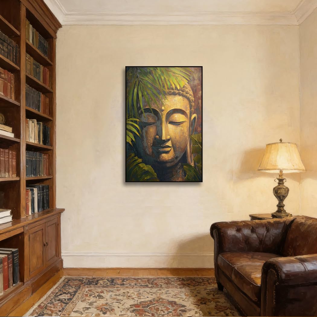 Buddha Head Canvas Wall Art, Framed 24x36 Inch Zen Buddhist Painting, Large Spiritual Meditation Room Decor, Buddha Print With Gold Decoration for Living Room Bedroom Yoga Studio, Ready to Hang