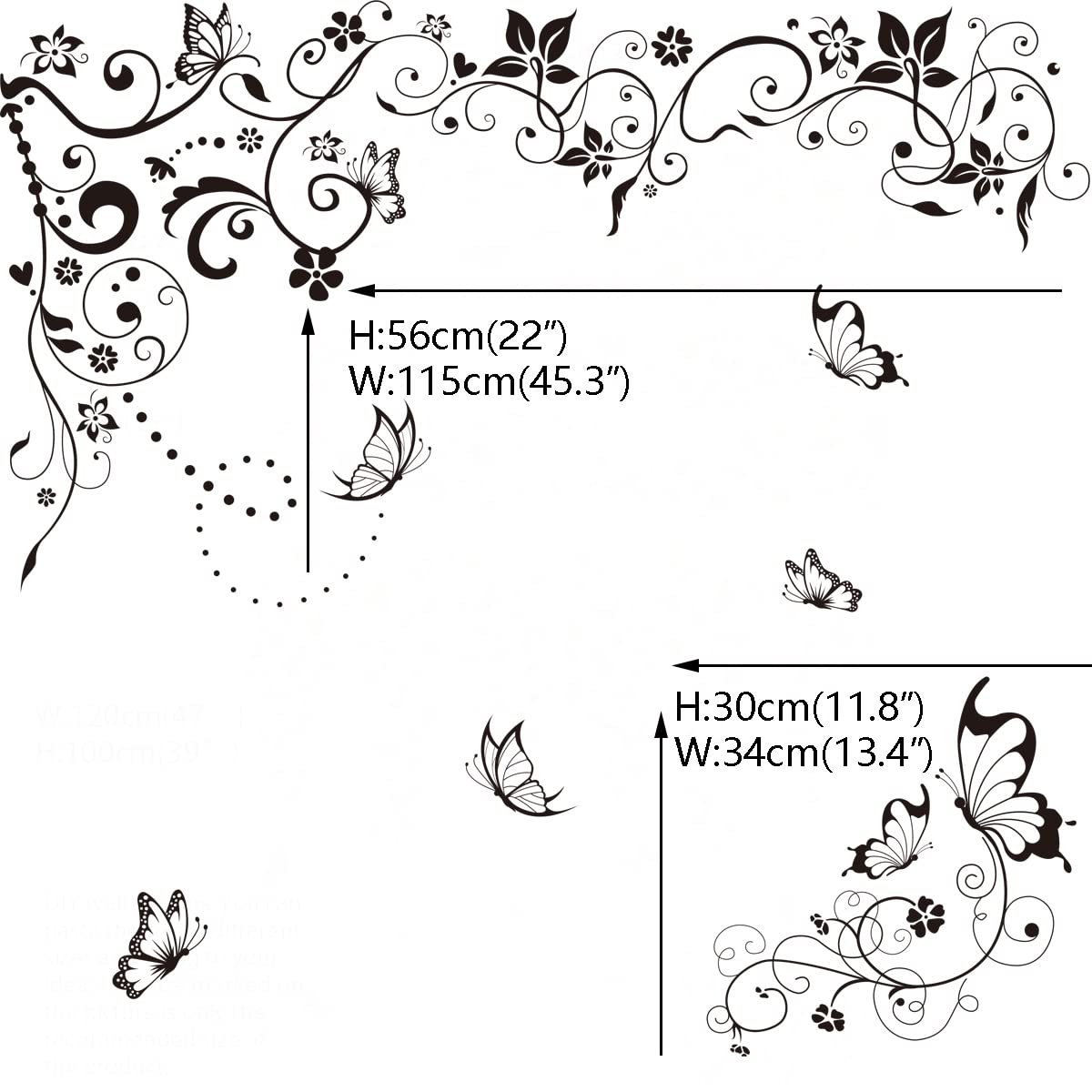 Runtoo Hanging Flower Vine Wall Stickers Black Floral Butterfly Wall Decals for Bedroom Living Room Home Decor