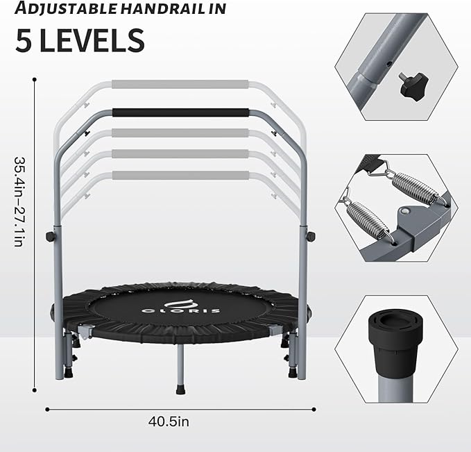 CLORIS 40in Folding Trampoline Mini Trampoline Rebounder Trampoline for Adults Fitness Trampoline with Adjustable Foam Handle, with safty Padded Cover Best Gift.