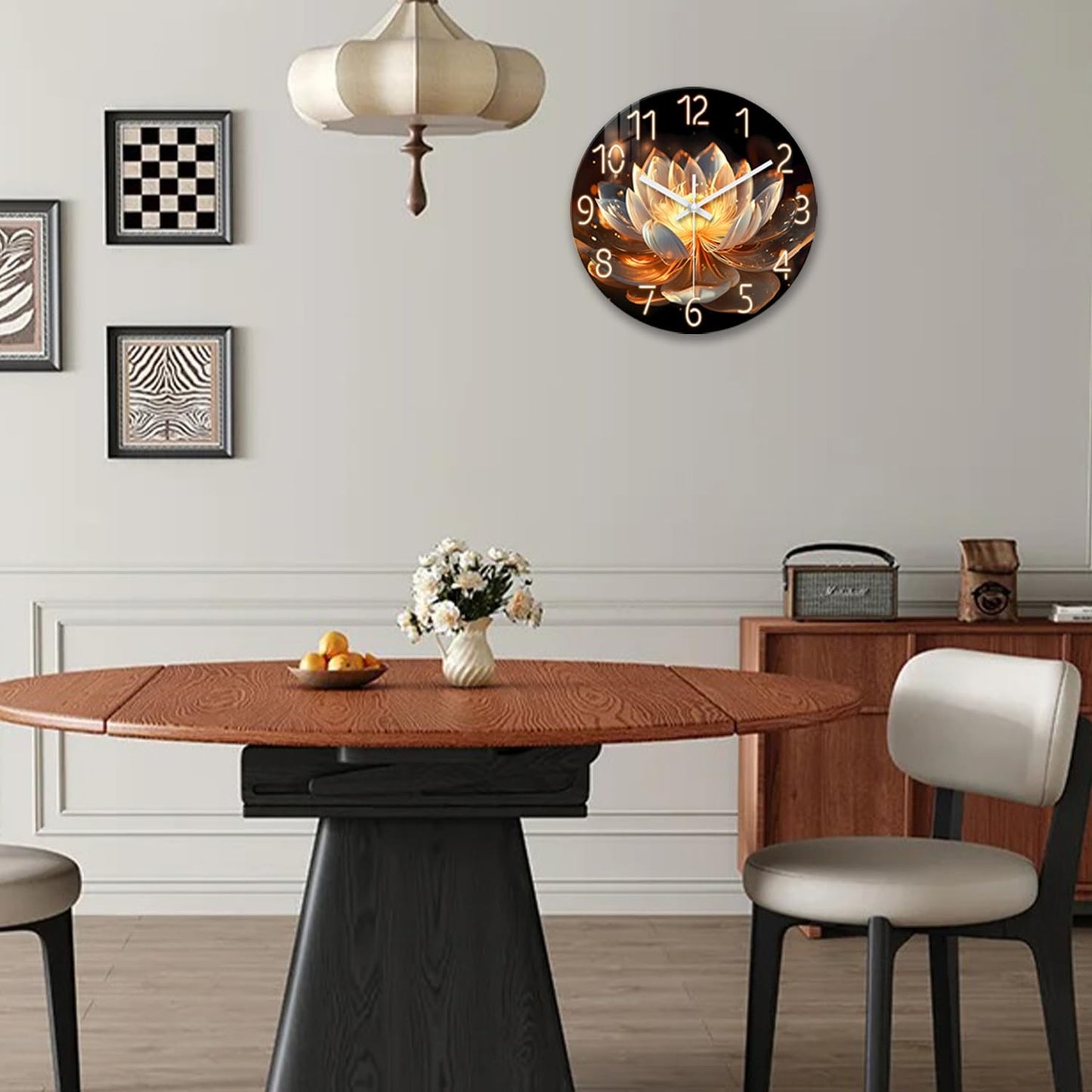 XFM Lotus Flower Wall Clock 16 inch Round Silent Wall Clocks Battery Operated Modern Floral Decorative Wall Clock for Bedroom Kitchen Living Room Bathroom