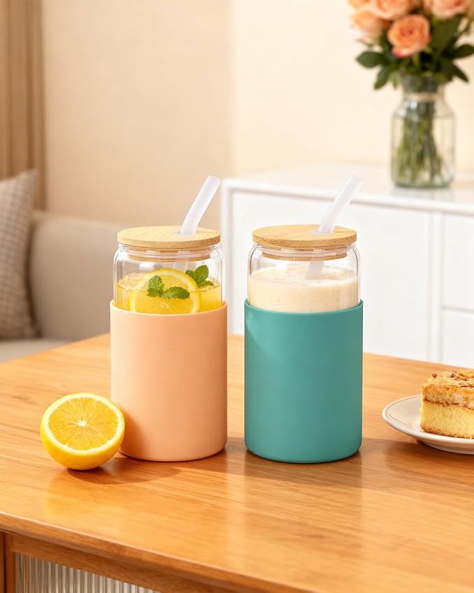 Glass Cups with Lids and Straws, 2 Pack 16OZ Iced Coffee Cups with Silicone Sleeve, Glass Tumbler with Straw and Bamboo Lid, Home Essential Drinking Set for Juice, Cocktail and Latte Khaki&Green