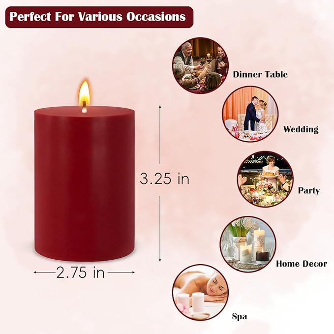 6 Packs 2.75x3.25 Inch Red Colored Pillar Candles, Unscented Dripless Non-Toxic Clean Burning Burgundy Cylinder Candles for Home Dinner Table Emergency Power Outage