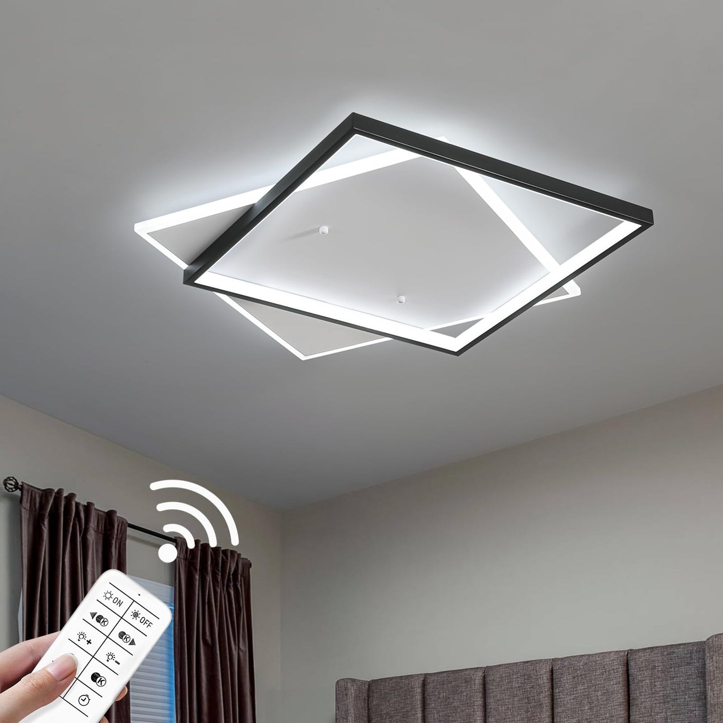 Shine LUEST Black Modern LED Bedroom Ceiling Light Dimmable Flush Mount Ceiling Light Fixture 22" Square Ceiling Lamp with Remote Control Kitchen Lighting Fixture Ceiling,Suitable for Bedroom,Hallways