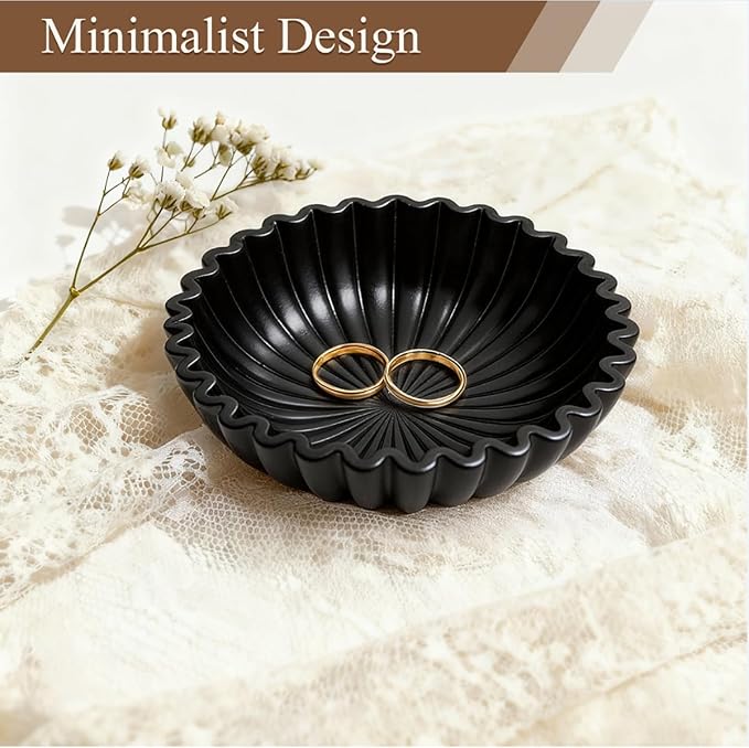 Large Modern Ruffle Bowls, Artificial Stone Decorative Catch All Bowl for Kitchen Counter and Entryway Table, Handcrafted Fruit Bowls and Key Bowl for Home Decor(Black)