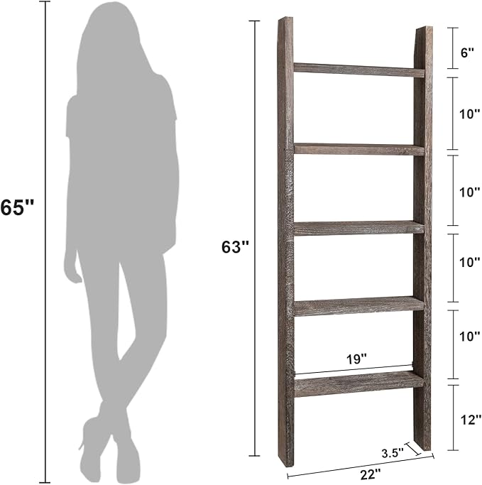 Natsukage Rustic Wooden Blanket Ladder - Farmhouse Decorative Ladder Shelf for Living Room, Bathroom, Bedroom (63" x 22", Rustic Walnut)