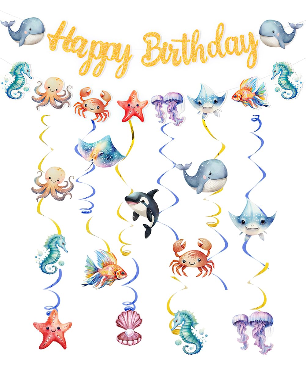 Sea Animals Hanging Swirl Ceiling Streamers Decorations, Under Sea Happy Birthday Banner Sign Party Decoration for Kids Baby Shower Ocean Sea Party Supplies Room Decor