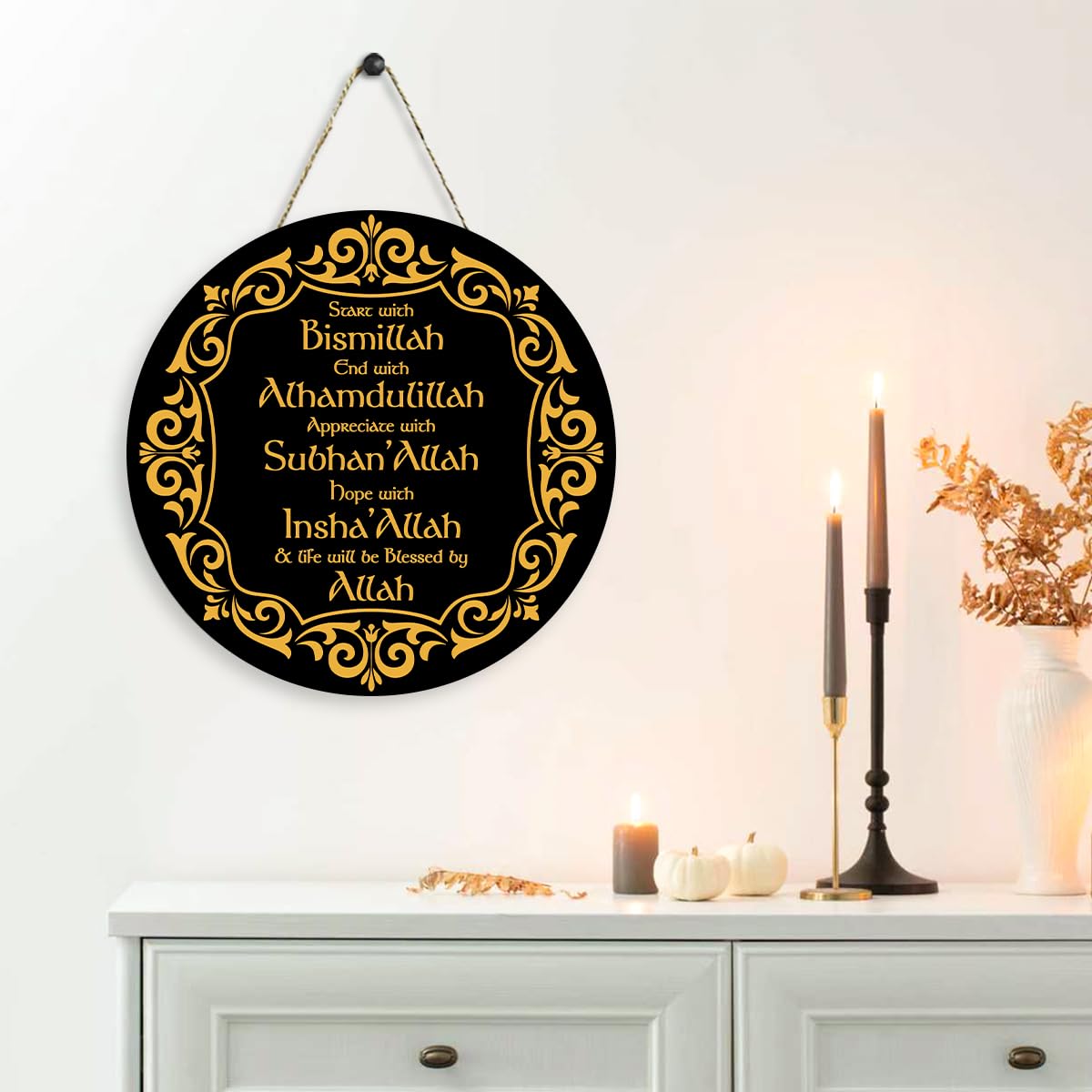 Ramadan Islamic Decor Hanging Eid Decorations Start and End with Allah Appreciate Hope with Allah Black Gold Round Wooden Sign for Muslim Home Door Decor Party Supplies