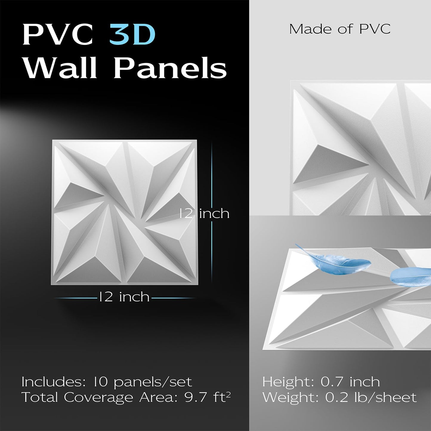 10-Pack 3D Wall Panels, 59" x 23" Textured Geometric Design Wall Tiles, PVC Decorative Wall Panels for Living Room, Bedroom, Bathroom, Office, Modern Wall Decor, Easy Install & Paintable - White