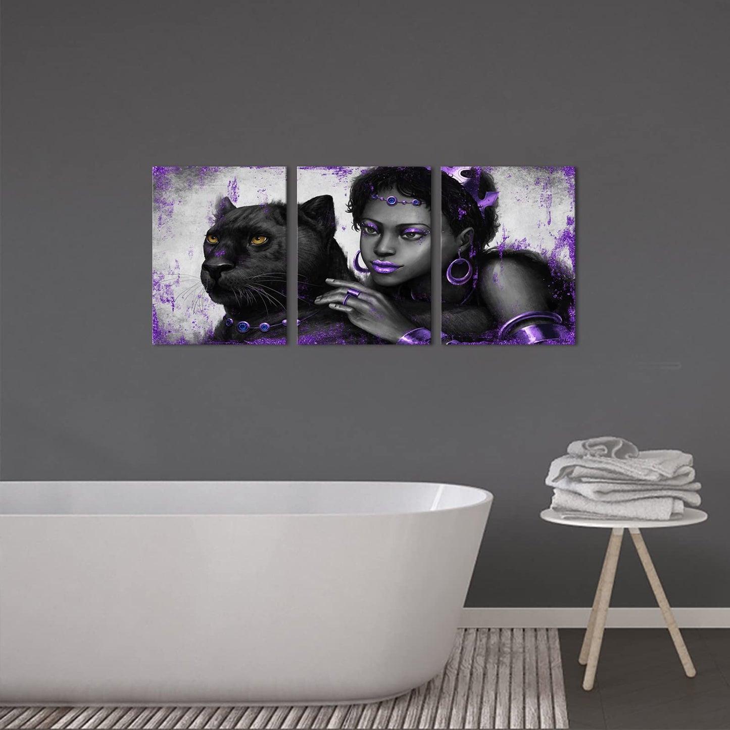 Kalormore Purple Fashion Picture for Girl Bedroom Glam Elegant African American Black Woman with Queen Crown and Panther Painting Giclee Canvas Prints Wall Decor Gallery Wrapped Artwork Gift Makeup