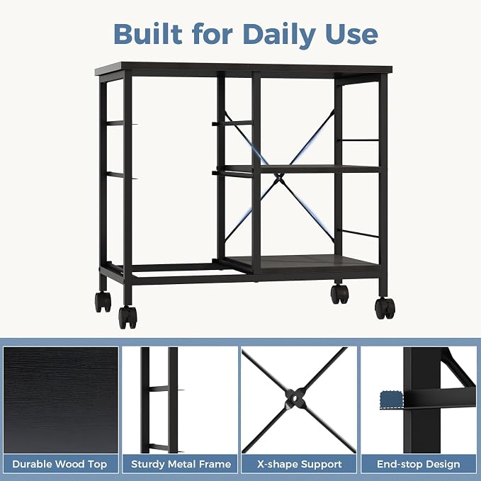 OLIXIS 3-Tier Printer Stand with Fabric Storage Drawer, Rolling Printer Cart with Lockable Wheels and Metal Frame, Under Desk Table with Open Storage Shelf for Small Spaces, Home, Office, Black