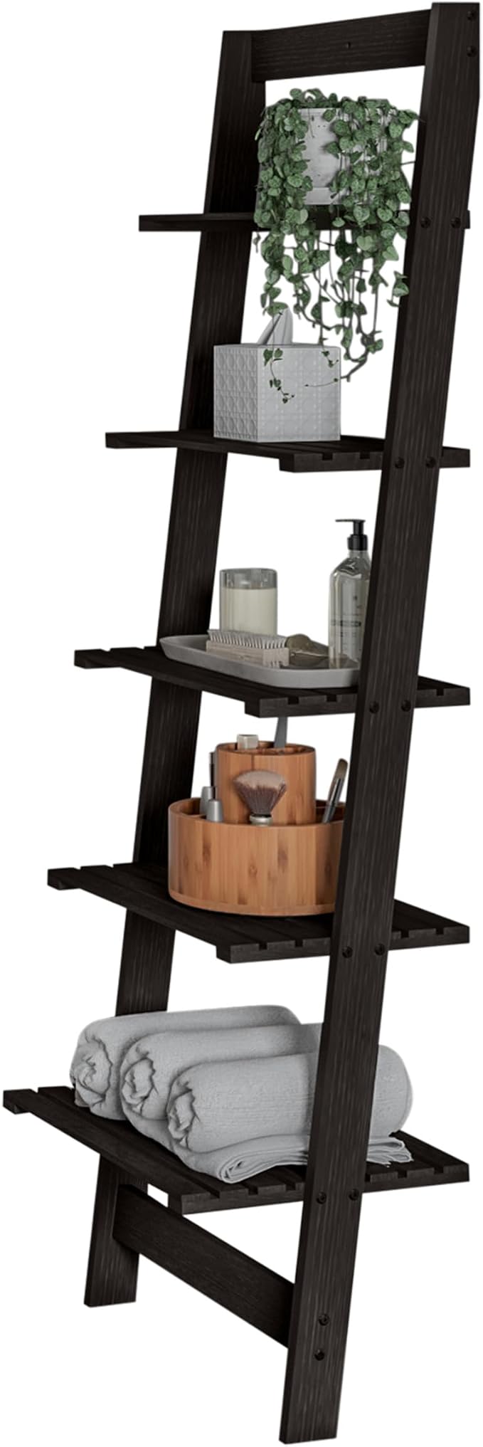 Lavish Home 5-Tier Ladder Shelf – 50" Narrow Leaning Wood Bookcase for Small Spaces, Decorative Storage in Living Room, Office, or Bathroom – Black Modern Display Shelf