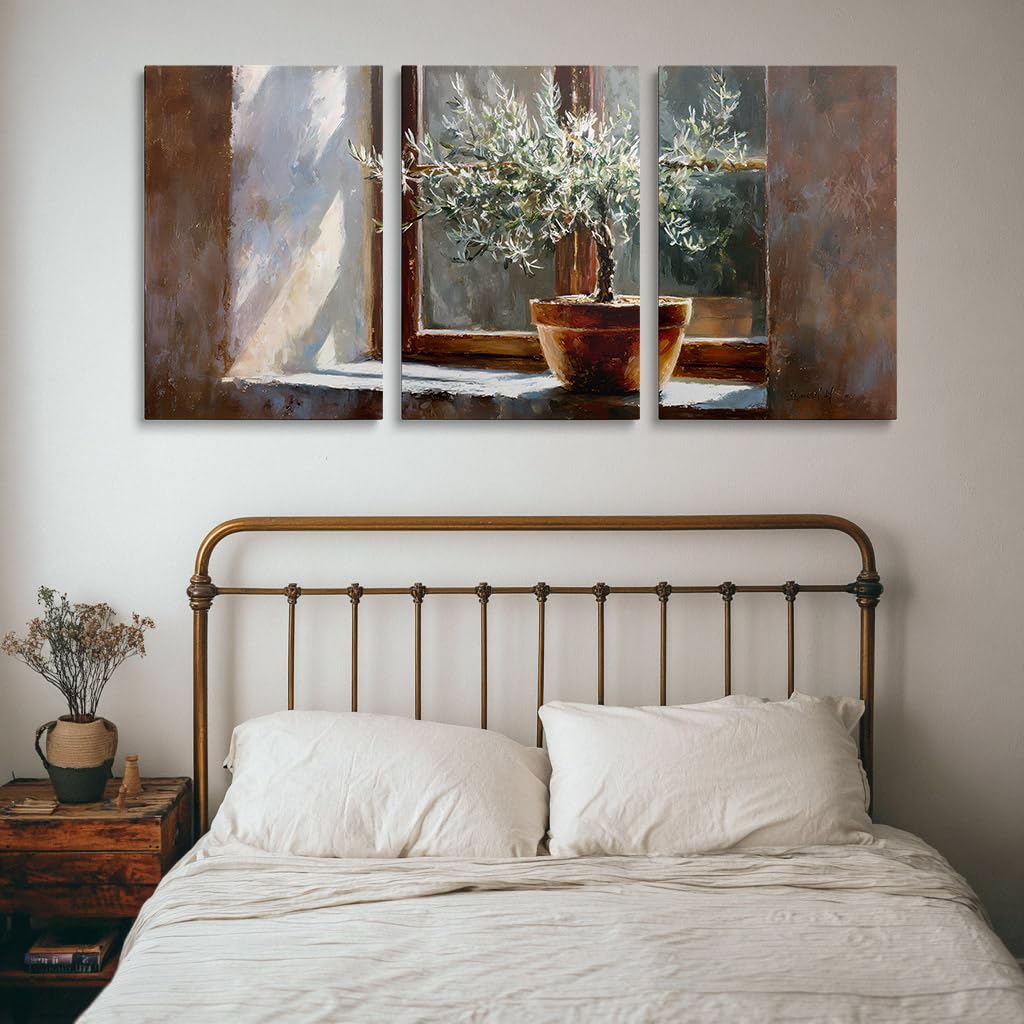 Madayos Potted Olive Tree 3 Piece Canvas Wall Art Window Sill Still Life Triptych Wall Decor For Living Room Bedroom Rustic Botanical Mediterranean Home Decor (24x36 inch)
