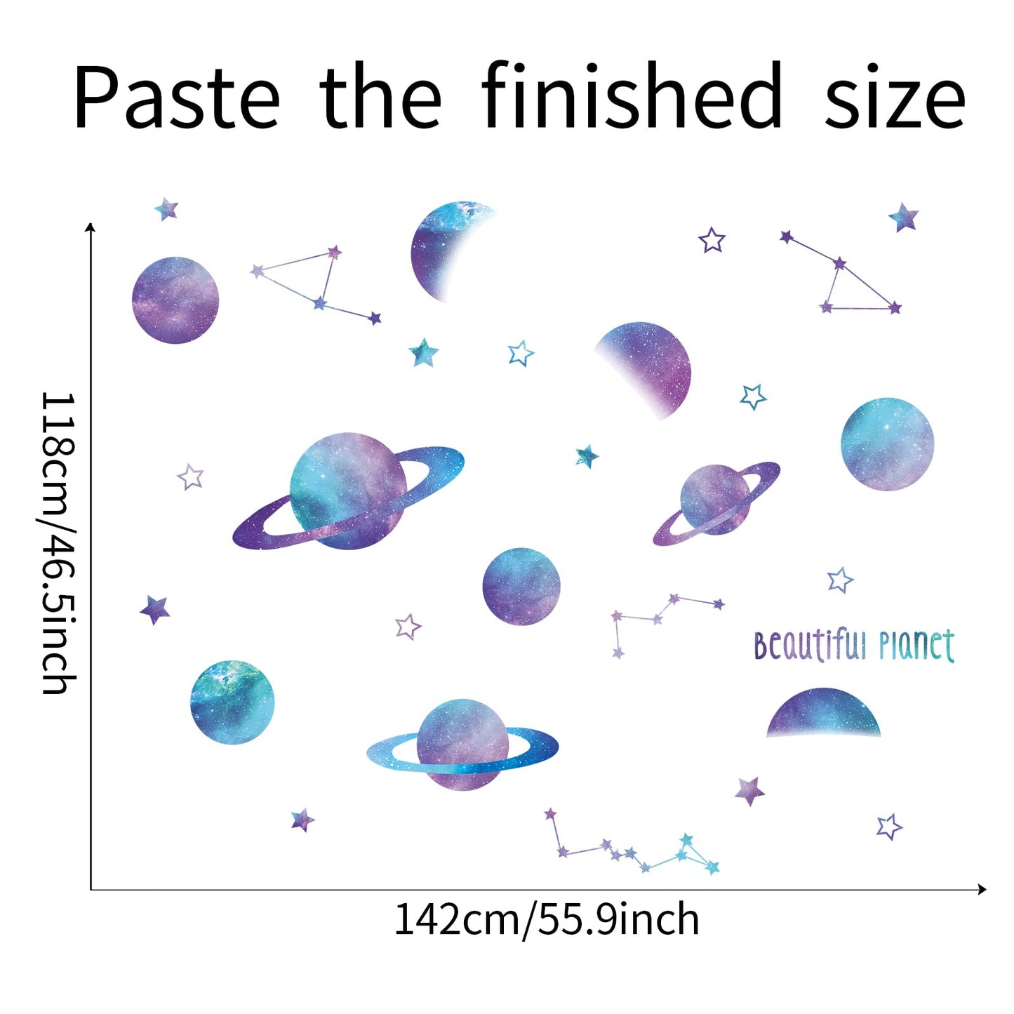 ROFARSO Beautiful Blue Planets Wall Stickers Outer Space Stars Constellation DIY Vinyl Removable Large Wall Decals Art Decorations Decor for Kids Boys Bedroom Living Room Playing Room Murals