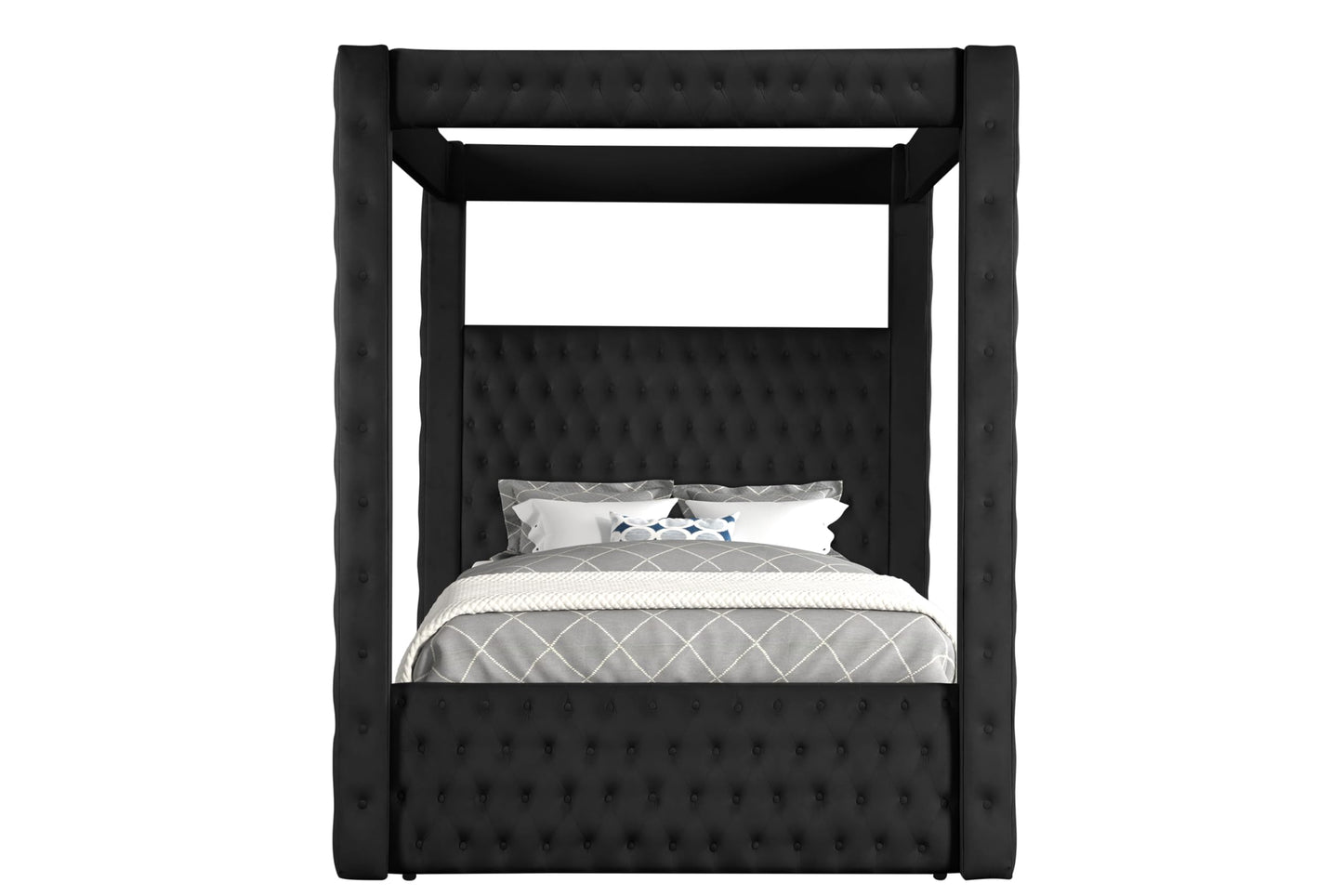 Wirktive Velvet Canopy Bed Frame King - Upholstered Four Poster Bed Frame with Tufted Headboard and Footboard, Luxury Bed Frame with Wood Slats for Bedroom Furniture, Box Spring Required, Black
