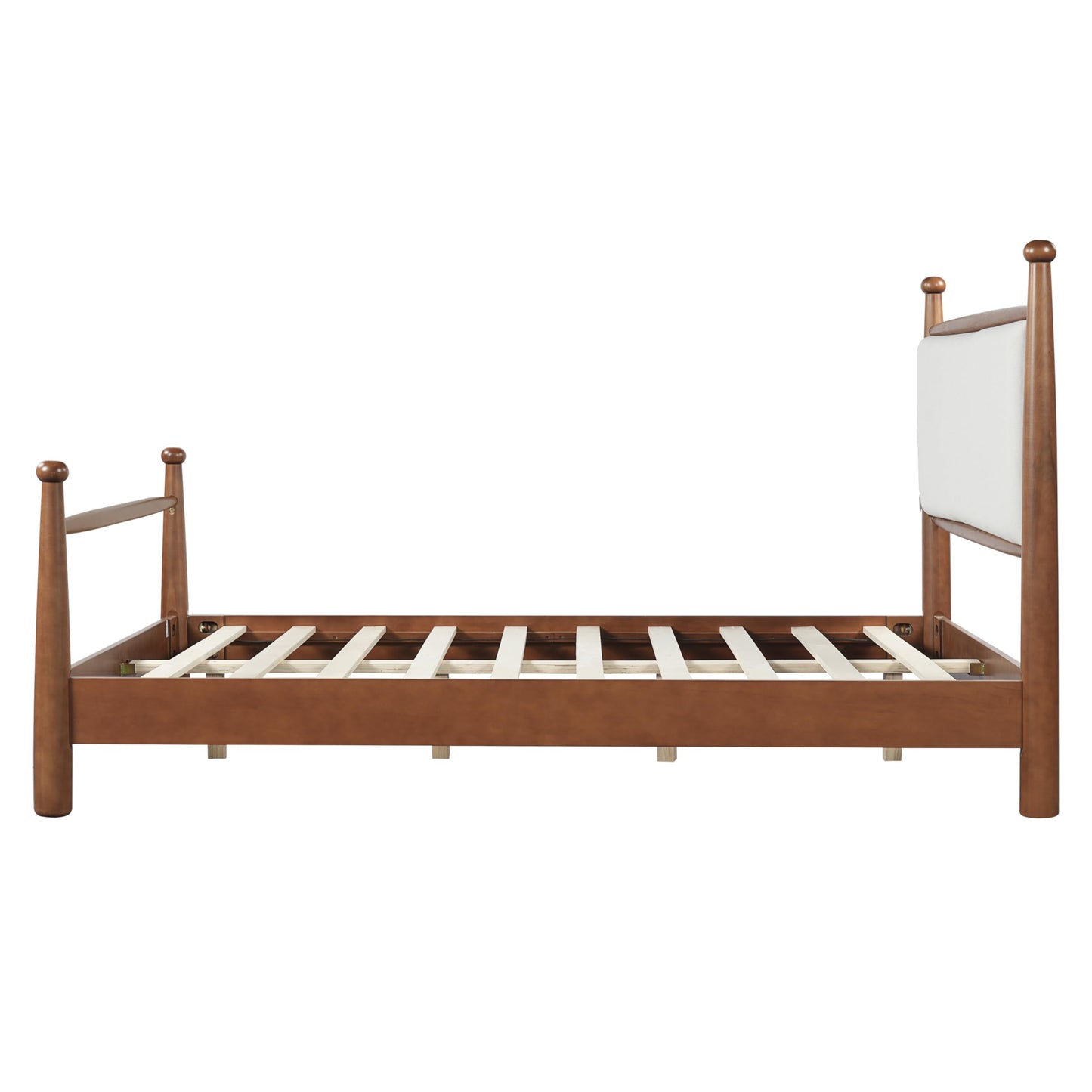 Merax Modern Queen Size Solid Wood Platform Bed with Upholstered Headboard, Mid-Century Low Bed Frame with Sturdy Wood Legs/No Box Spring Needed/Easy Assembly, Beige+Walnut