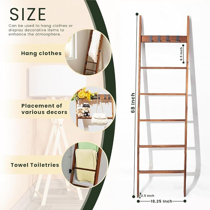 Decorative Wooden Blanket Ladder with Removable Hooks for The Living Room & Bedroom, Pine Wood, Easy Assembly 6-Tier Wall Leaning Rack Stand 68 inch for Displaying Blankets & Scarves, Brown