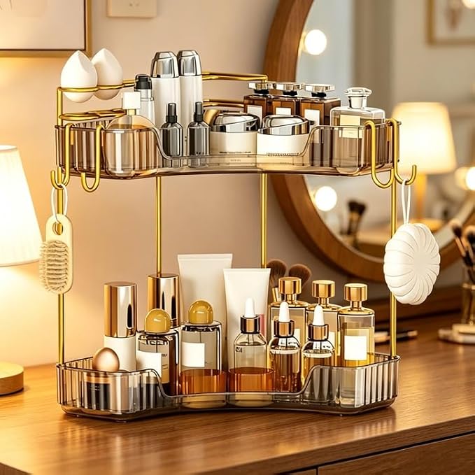 2-Tier Corner Bathroom Counter Organizer，Makeup & Skincare Shelf with Built-in Brush Holder，Space-Saving Bathroom Countertop Organizer for Skincare, Perfume, Cosmetics(Amber)