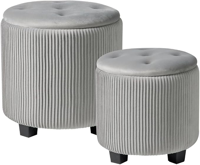 BLEXA Big Round Ottoman with Storage Set of 2,Upholstered Velvet Vanity Stool for Makeup Multifunctional Foot Rest Coffee Table Padded Seat Tufted Ottomans for LivingRoom&Bedroom (Large Grey)