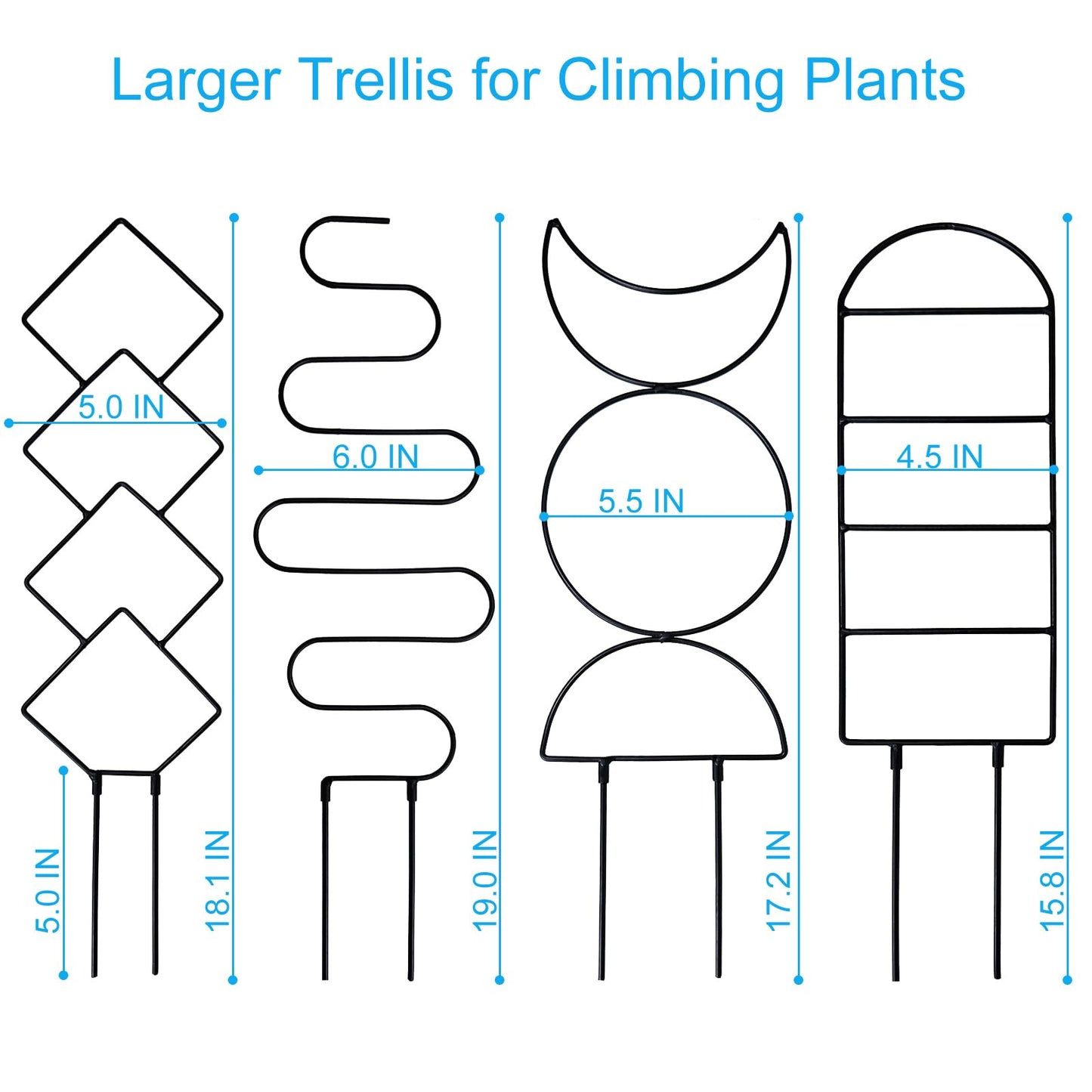 4 Packs 19 in Heighten Trellis for Climbing Plants Indoor, HENABLE Small Garden Metal Trellis for Potted Plants Outdoor for Vine Ivy Flower Plant Support, 4 Different Black Iron Patterns