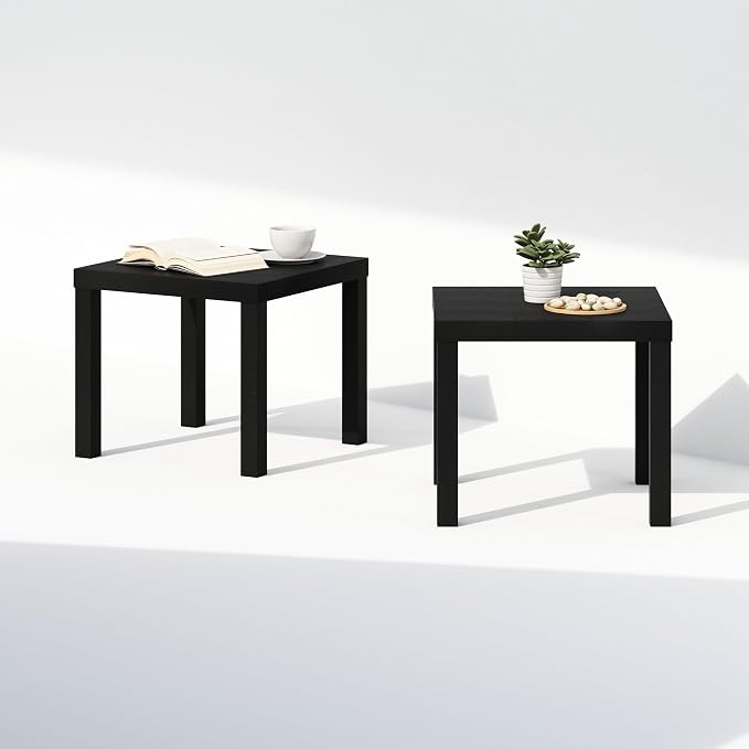 Furinno Classic Coffee Table Set of 2, Square Modern Coffee Table with Triple Thick Tabletop, Side Table with 4 Legs, for Living Room, Bedroom, Home Office, Black