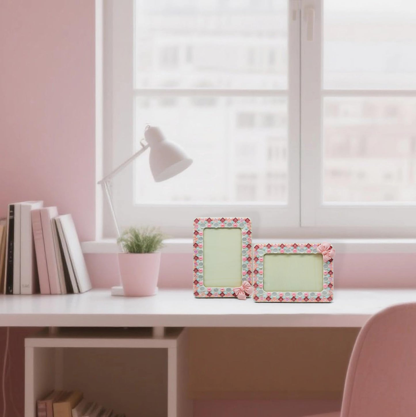 Fenzonmic DIY Photo Frame Craft Kit: Mosaic, Buttons, Stars & Bows, Customizable 4x6 Inch Wood Frame for Family Activity, Home Decor Gifts (Pink)