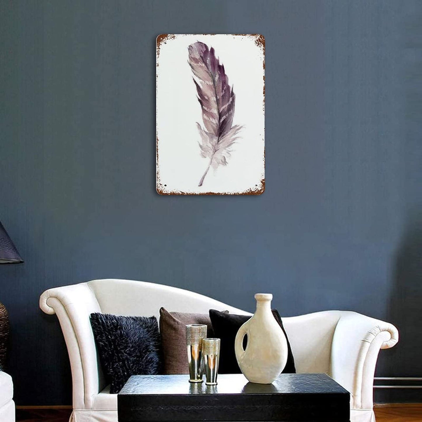 Anique Metal Tin Sign Feather Wall Art Print Home Decor Tribal Boho Watercolor 8x5.5 Inch