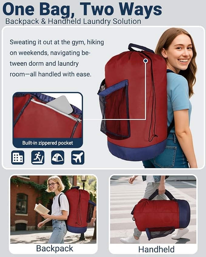 Laundry Bag with Shoulder Straps and Mesh Pocket Laundry Backpack Large Portable Laundry Hamper for College Laundromat Apartment
