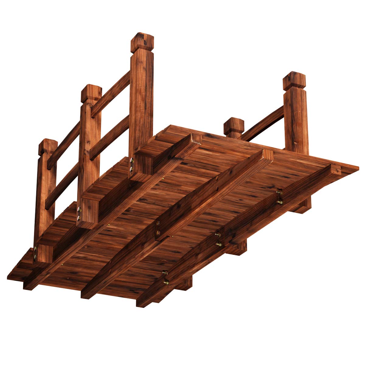 S AFSTAR Wooden Garden Bridge, 5FT Stain Finished Arch Footbridge with Safety Rails for Garden Patio Yard, Outdoor Pond Bridge & Wishing Well Planter Set