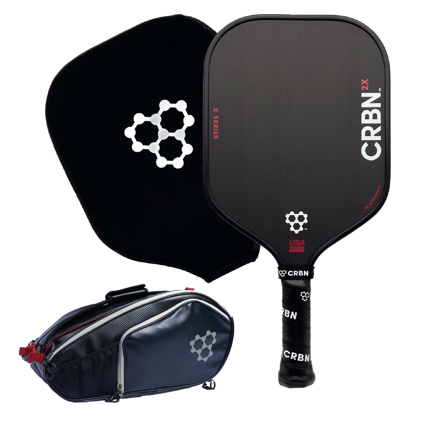 CRBN Pickleball – X Series Power Paddle (2X, 14mm) + Pro Team Tour Paddle Bag with Zip-Off Sling – Carbon Fiber Paddle & Multi-Pocket Gear Bag - Virtual Bundle