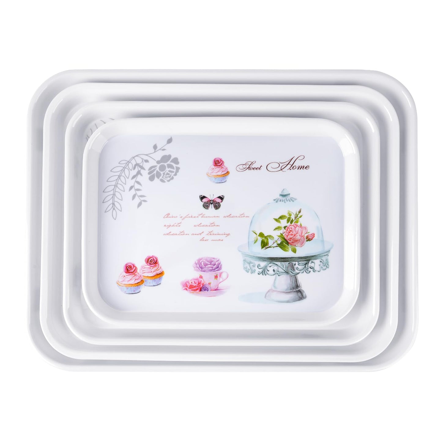 4-Pack Melamine Serving Tray Set - Rectangle Stackable Food Breakfast Fruit Platter with Floral Print for Gift Party Decor Home Restaurant (Cake)