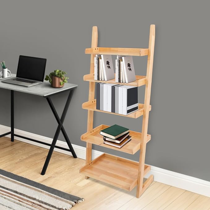 Ladder Bookshelf, 5 Tier Leaning Bookshelf Leaning Ladder Shelf with Stable Structure Rustic Style Ladder Shelves Storage Rack for Living Rooms, Bedrooms, Study Rooms (Wood Color)