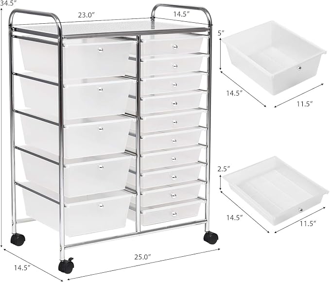 LDAILY 15 Drawer Rolling Storage Cart, Rolling Cart with Drawers for Classroom, Art Supply Craft Organizer on Wheel with Metal Frame & Handles for Home Office School