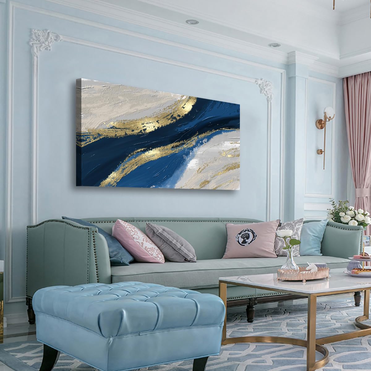Abstract Canvas Wall Art for Living room Office Bedroom Golden Blue Wall Art Print Oil Paintings Modern Abstract River Texture Pictures Wall Decor Artwork Waterproof Ready to Hang - 20in * 40inch