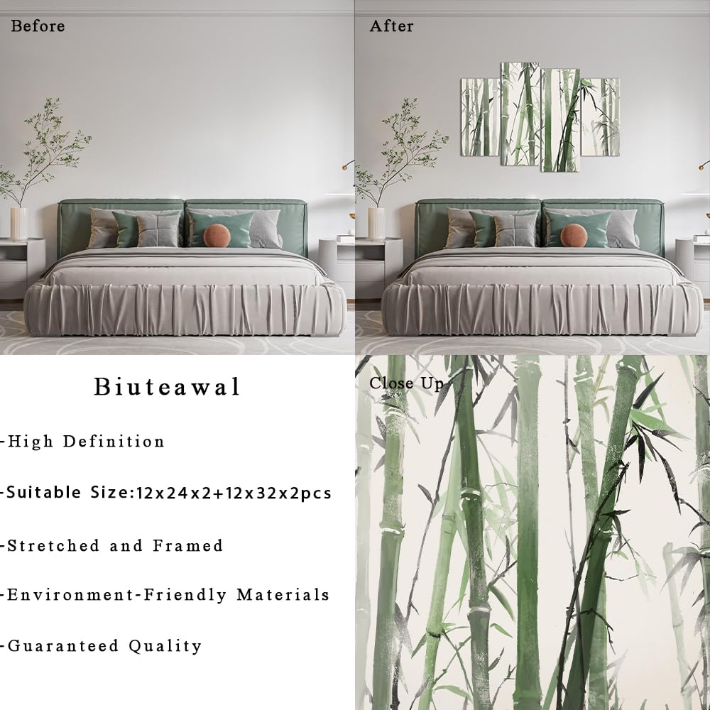 Biuteawal 4 Panels Bamboo Canvas Wall Art Chinese Painting of Bamboo Forest Nature Picture Print Green Zen Artwork for Meditation Spa Yoga Room Bedroom Decor Ready to Hang