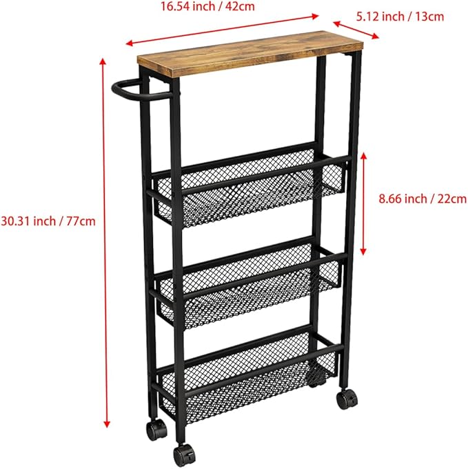 AZERPIAN Slim Rolling Cart 4 Tier Narrow Storage Cart on Wheels with MDF Board Top and Metal Handle for Small Space Kitchen Living Room Home Office Pantry Bathroom Laundry Room(16.54×5.12×30.31 inch)