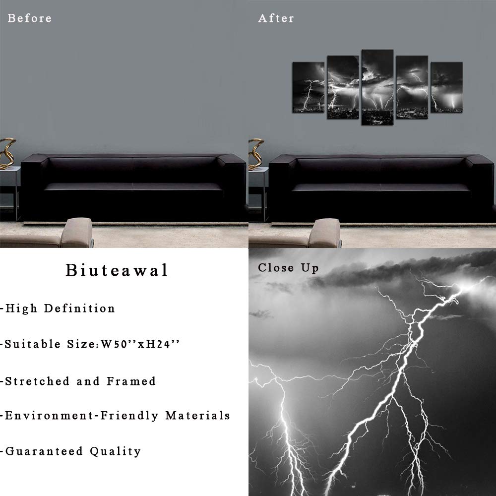 Biuteawal - Black and White Wall Art Nature Lightning Strikes in The Clouds Painting on Canvas Storm and City Night View Picture Print for Home Office Living Room Decoration Wall Decor