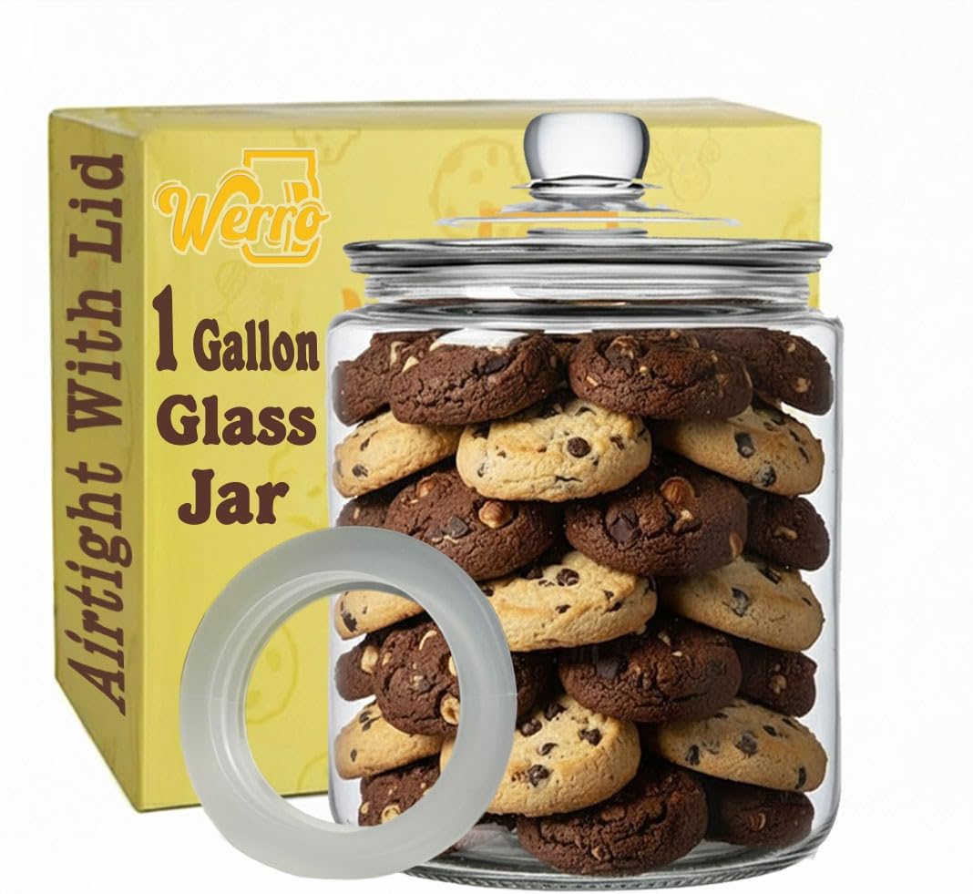 WERRO 1 Gallon Glass Cookie Jar With Airtight Lid - Extra Gasket - Large Glass Jar - Glass Food Storage Container, Candy, Dog Treats, Flour, Cookies, Kitchen Jar for Pantry - Laundry Room Storage